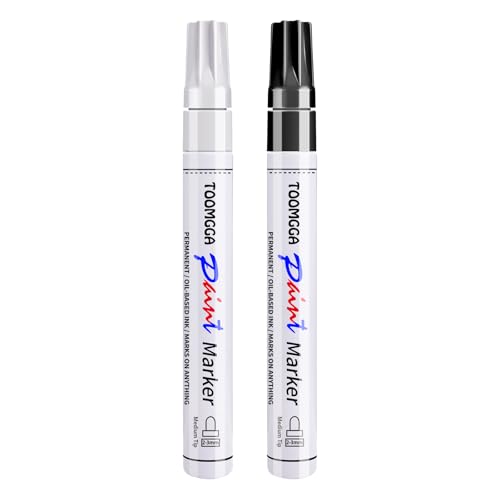 TOOMGGA 2 White and Black Permanent Markers Paint Pens, Oil Based Medium - color: White & Black