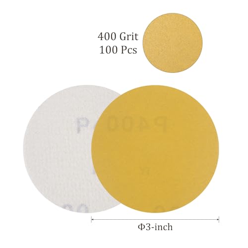 100pcs No Hole Sanding Discs- [ 3 Inch 400 Grit ] Round Hook and Loop Grip Sanding Pads Sandpaper for Automotive Woodworking Metal Polishing Use| Gold, Aluminum Oxide - size: 400 grit