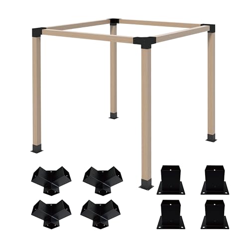 Pergola Bracket Kit 4x4, 4pcs 3-Way Right Angle Corner Bracket and 4pcs Base, Heavy Duty Corner Bracket DIY Shed Kit, for Gazebo, Pergolas, Wood Stand Sheds, Metal Gazebo Kits, with Screws - size: 4x4 Corner 4pcs + Base 4pcs