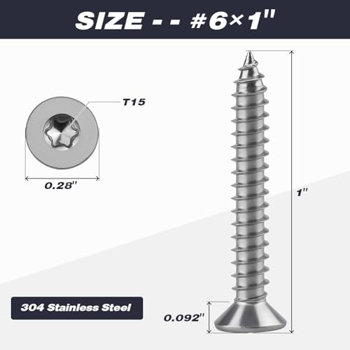 #6 x 1 Torx Flat Head Sheet Metal Screws, 304 Stainless Steel Countersunk Head Self Tapping Screws, Pack of 100 with Torx Bit - size: #6 x 1