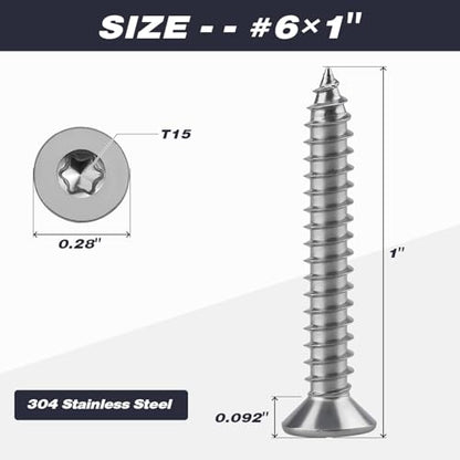 #6 x 1 Torx Flat Head Sheet Metal Screws, 304 Stainless Steel Countersunk Head Self Tapping Screws, Pack of 100 with Torx Bit - size: #6 x 1