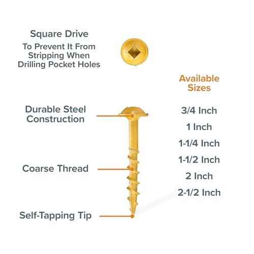 Bora Pocket Hole Screws 1-1/4 in Coarse Thread 100 Pack - size: 1-1/4 inch (100 Piece), style: Coarse Thread