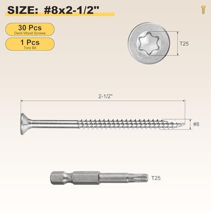 METALLIXITY Deck Screws #8x2-1/2 410 Stainless Steel W/ T25 Torx 30Pcs