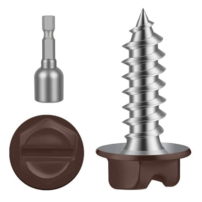 #8 x 1/2" Brown Painted Hex Washer Head Self Tapping Screws, Self Piercing Gutter Screws, Socket Bit Included, 100 PCS - color: Brown, size: #8 x 1/2"