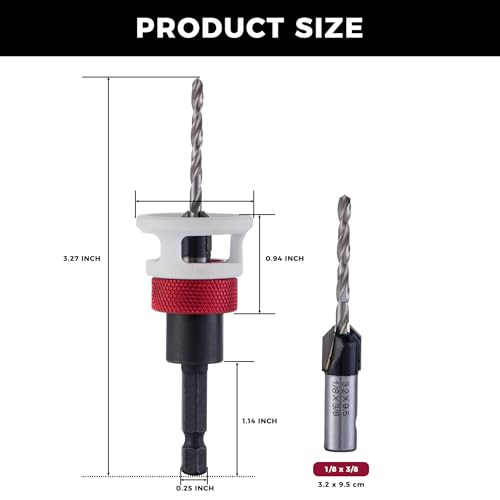 Countersink Drill Bit, 1/8" x3/8" Carbide Tipped Drill Bits with Depth Stop, 1/4" Quick Change Hex Shank Countersink Drill with Replaceable HSS Pilot Drill Bit for Plastic, Woodworking - size: 1/8" x 3/8"