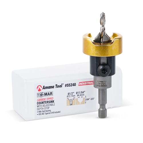 Amana Tool 82 Degree Countersink with Drill Bit Depth Stop and No-Thrust Ball Bearing, 55240, 1/2 D x 11/64 Drill D x 1/4 Inch Quick Release Hex Shank - size: 1/2 D x 11/64 Drill D x 1/4 Inch
