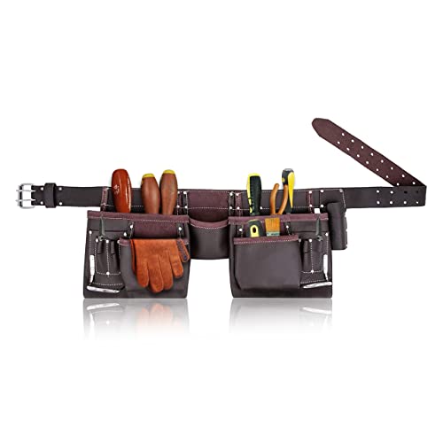 Leather Tool Belt Pouch Bag, Comfort Back Support Tool Pouches with Suspenders for Construction,Framers,Carpenter,Handyman (Black, Extra Large)30" waist size up to 56" (12 POCKET BROWN) - size: 12 Pocket Brown