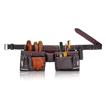 Leather Tool Belt Pouch Bag, Comfort Back Support Tool Pouches with Suspenders for Construction,Framers,Carpenter,Handyman (Black, Extra Large)30" waist size up to 56" (12 POCKET BROWN) - size: 12 Pocket Brown