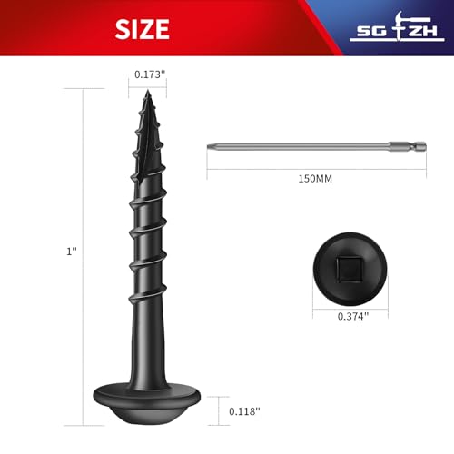 Pocket Hole Screws #8 x 1 Inch (188Pcs) 1lb. Carbon Steel, Black, Washer Head, Coarse Thread, Square Drive,150MM Drive Bit Included - color: Black, size: #8 x 1"