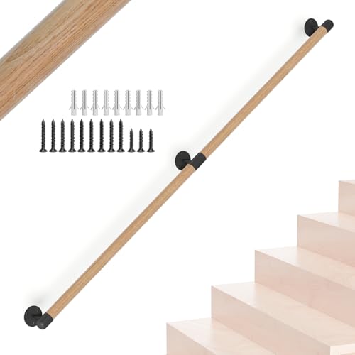 4FT Round Wooden Stair Handrail Wall Mount - size: 4FT