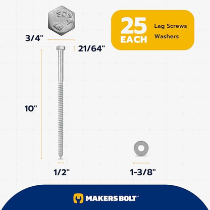 1/2 x 10 (25 Pack) Lag Screw Kit, 25 Screws and 25 washers, Hot Dip Galvanized, Meets ASME B18.2.1 Industrial/Commercial Grade by Makers Bolt - size: 1/2 x 10