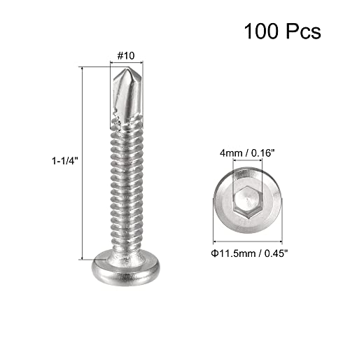 uxcell Hex Socket Self Tapping Screws, #10 x 1-1/4" 410 Stainless Steel Sheet Metal Flat Head Drilling Screw 100pcs, Silver - color: Silver, size: #10 x 1-1/4"