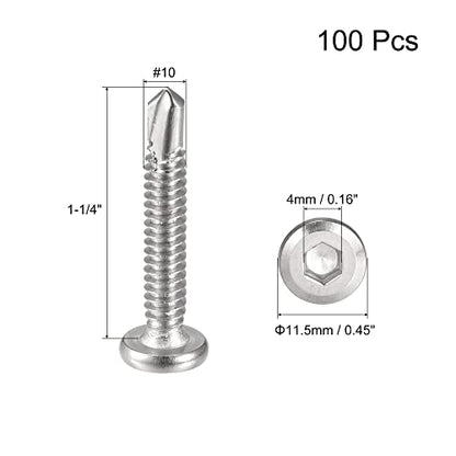 uxcell Hex Socket Self Tapping Screws, #10 x 1-1/4" 410 Stainless Steel Sheet Metal Flat Head Drilling Screw 100pcs, Silver - color: Silver, size: #10 x 1-1/4"