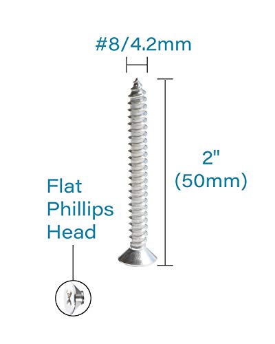 IMScrews 100pcs #8 x 2 (50mm) Stainless Flat Head Phillips Wood Screws 18-8 (304) Stainless Steel Countersunk Self Tapping Screws - size: #8 x 2"