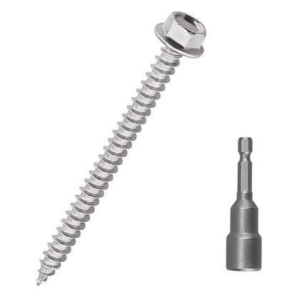 #12 x 2 Hex Flange Head Wood Screws, 410 Stainless Steel Self Tapping Screws, Hex Bit Included (50-Pack) - size: #12 x 2"