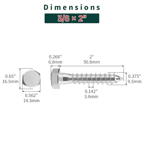 3/8 x 2 Hex Head Lag Screws Bolts with Flat Washers (10 Sets), 304 Stainless Steel 18/8, Partial Thread, Deck Screws, Heavy Duty Hex Head Wood Lag Screws, Fayeploo - size: 3/8 x 2"