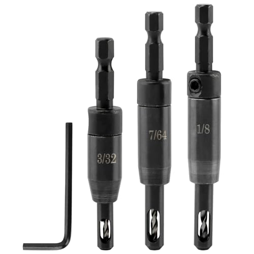 Self Centering Drill Bit Set for 1/4inch Clic-Change, 3pcs CC2430 3/32“, 7/64”, 1/8“ Carbon Steel Quick-Change Sturdy Self Centering Hinge Hex Drill Bit Set, #6 8 10