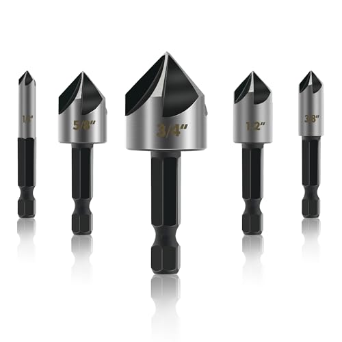 GMTOOLS 5PCS Countersink Drill Bit Set, High Speed Steel Countersink Bits, 82 Degree 5 Flute Pieces, 1/4 Inch Hex Shank, Fit for Sink Holes into Metals, Wood, Plywood, Plastic