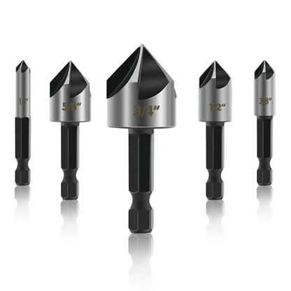 GMTOOLS 5PCS Countersink Drill Bit Set, High Speed Steel Countersink Bits, 82 Degree 5 Flute Pieces, 1/4 Inch Hex Shank, Fit for Sink Holes into Metals, Wood, Plywood, Plastic