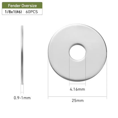 60PCS 1/8" x1" Fender Washers, 304 Stainless Steel 18-8, 1/8" ID x 1" OD Hardware Flat Washers for Screws Bolts - color: Silver, size: Fender 1/8(#6)x1"