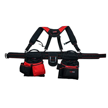 KUNN Tool Belt with Suspenders - Pro Framer Belt/Suspenders Combo Apron(Removable Pouch and Waist Belt) with Multiple Pockets & Hammer Holder for Carpenter,Construction and Electrician,Red