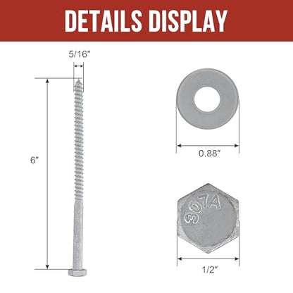 5/16" x 6" Lag Bolts (25 Pcs) 5/16 inch Lag Screws for Wood, Hot Dip Galvanized, Hex Head with Washers - size: 5/16" x 6" (25 PCS)