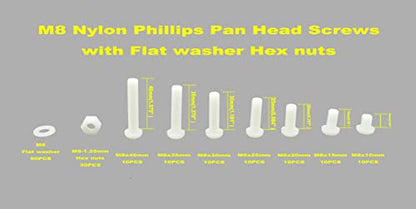 150PCS M8 White Nylon Phillips Pan Head Screws Nuts Washers Kit - size: M8