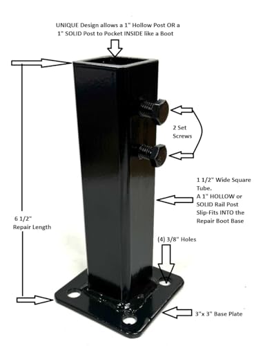 NO Welding 6 1/2" Outdoor Step Railing Posts Repair base boot for 1" Hollow or Solid Handrail Post mount, Slip-Fit design for loose broken Rusty Iron rail posts decks-stairs-Black paint w/anchor bolts