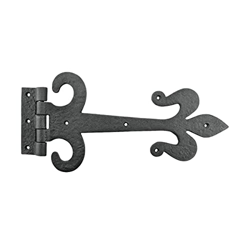 Renovators Supply Manufacturing Gate Hinges 12 in. Black Wrought Iron Fleur De Lis Style Strap Hinges for Gates and Doors with Mounting Hardware - size: Pack of 1