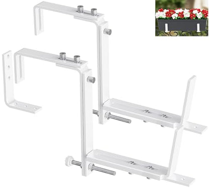 Y&M 2 Pcs Deck Railing Adjustable Planter Box Brackets (6 to 12.5 in), Universal Heavy Duty Iron Flower Box Brackets Wall Mounting Hooks for Fences, Patio, and Garden - White (Patent Registered) - size: 2 Pcs - White