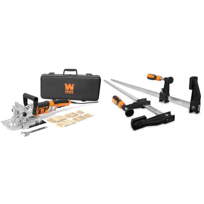 WEN JN8504 8.5-Amp Plate and Biscuit Joiner with Case and Biscuits & 10236F2 Quick-Adjust 36-Inch Steel Bar Clamps with 2.5-Inch Throat and Micro-Adjustment Handle, Two Pack , Multicolor
