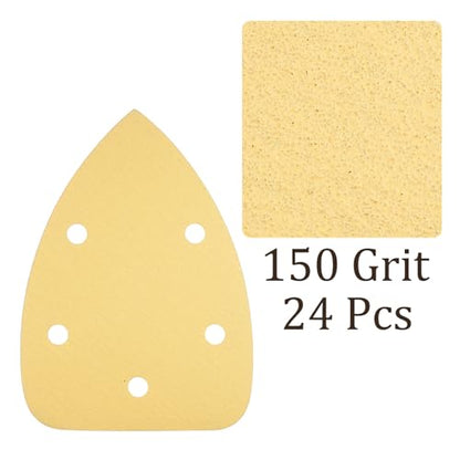 24pcs Mouse Detail Sander Sandpaper - [5-Hole 150 Grit] Aluminum Oxide Triangle Hook and Loop Sanding Pads Sheet for Sanding and Polishing Wood Furniture Metal Use - size: 150 Grits