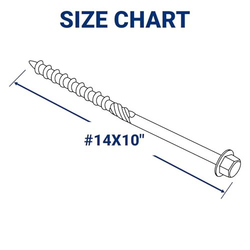 Lag Screws 10 Inch, #14 x 10 Structural Wood Screws, 50Pcs Heavy Duty Construction Screws, Long Deck Timber Screws, Hex Washer Head, Black Rust Resistant Coated, Hex Socket Included - size: #14 x 10