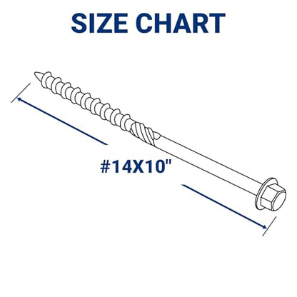 Lag Screws 10 Inch, #14 x 10 Structural Wood Screws, 50Pcs Heavy Duty Construction Screws, Long Deck Timber Screws, Hex Washer Head, Black Rust Resistant Coated, Hex Socket Included - size: #14 x 10
