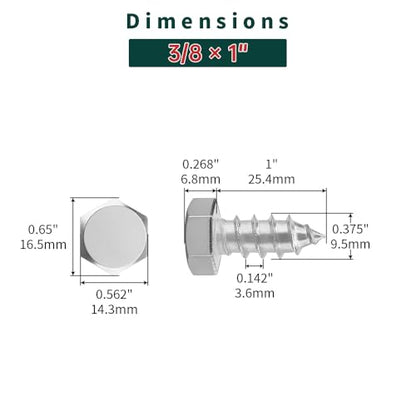3/8 x 1 Hex Head Lag Screws Bolts with Flat Washers (20 Sets), 304 Stainless Steel 18/8, Full Thread, Deck Screws, Heavy Duty Hex Head Wood Lag Screws, Fayeploo - size: 3/8 x 1"