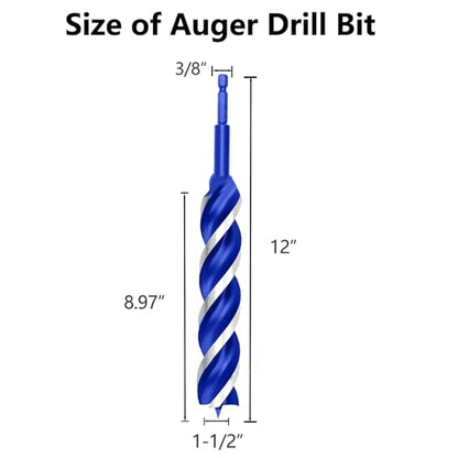 1-1/2 Inch Auger Drill Bit for Wood, 12" Long Carbon Steel Quick Change Hex Shank Wood Drill Bit for Hardwood, Softwood and Plastic (Blue) - size: 1-1/2" x 12"