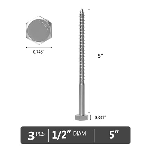 VGBUY 1/2" x 5" Hex Head Lag Screws 3Pcs, 304 Stainless Steel 18-8 Lag Bolts Wood Screws Heavy Duty Large Screws for TV Mounts, Deck, Boat Repair - size: 1/2x5 (3pcs)