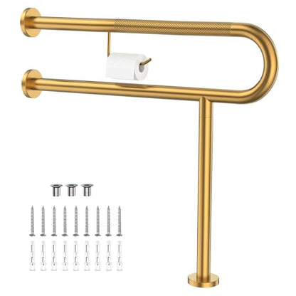 ZUEXT 31.5x28 Inch Gold Knurled Toilet Grab Bar with Toilet Paper Holder - color: Gold, size: 31.5 Inch