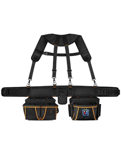 Marscamd Tool Belt with Suspenders & Pouches, Heavy Duty Work Belt, Black - color: Black