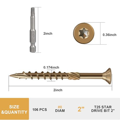 Deck Screws 2 Inch, Wood Screws #8×2", 106 Pcs Golden Brown - color: Golden Brown, size: #8×2"