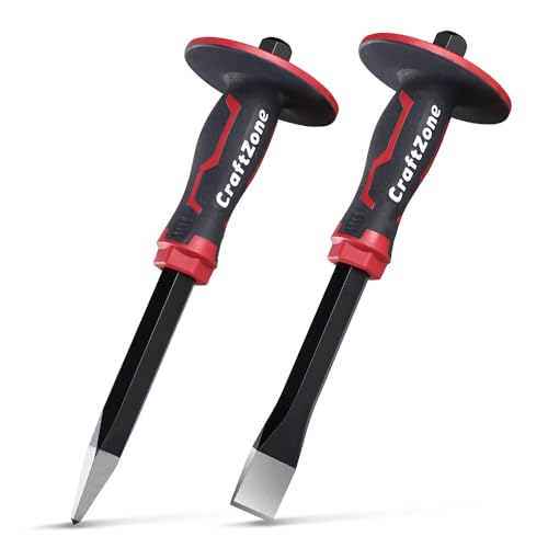 Masonry Chisel Set - 2-Piece Heavy Duty Pointed & Flat Rock Chisels, Concrete Stone Chisel with Hand Protection for Brick Breaking Carving Splitting Cutting Mason Tools - size: 2pc