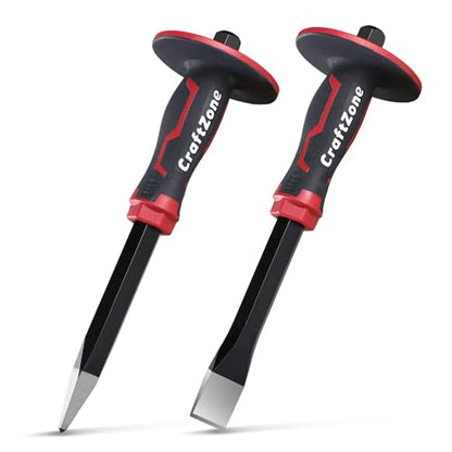 Masonry Chisel Set - 2-Piece Heavy Duty Pointed & Flat Rock Chisels, Concrete Stone Chisel with Hand Protection for Brick Breaking Carving Splitting Cutting Mason Tools - size: 2pc