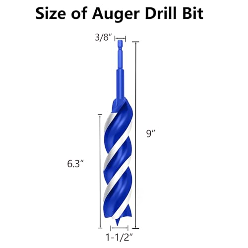 1-1/2 Inch Auger Drill Bit for Wood, 9" Long Carbon Steel Quick Change Hex Shank Wood Drill Bit for Hardwood, Softwood and Plastic (Blue) - size: 1-1/2" x 9"