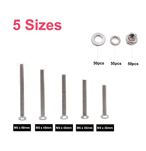 cSeao 200pcs Metric M5 x 30mm/ 35mm/ 40mm/ 45mm/ 50mm Flat Countersunk Head Phillips Machine Screws Nuts Washers Assortment Kit, 304 Stainless Steel - size: 200pcs M5 x 30/ 35 / 40/ 45 / 50mm