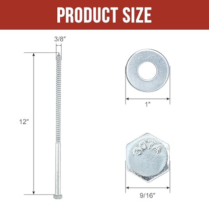 3/8" x 12" Lag Bolts (12 Pcs) 3/8 inch Lag Screws for Wood, Heavy Duty Hex Head with Washers, Zinc Plated - size: 3/8" x 12" (12 PCS)