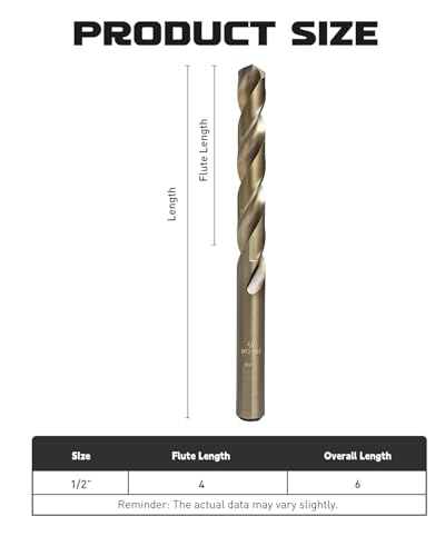 COMOWARE Cobalt Drill Bit Set- 1/2" M42 High Speed Steel Twist Jobber Length for Hardened Metal, Stainless Steel, Cast Iron and Wood Plastic - size: M42 1PCS