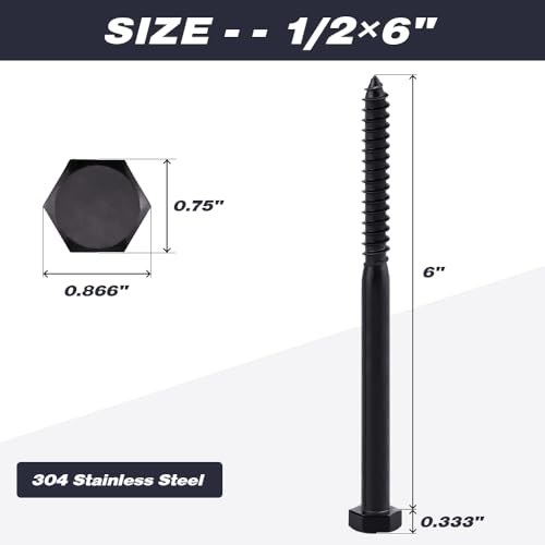 6-Sets 1/2 x 6 Hex Lag Screws and 1/2" ID Flat Washers, 304 Stainless Steel 18/8, Black Coated, Heavy Duty Wood Screws for Deck/Fence/Floor, by AOESIN - size: 1/2 x 6"