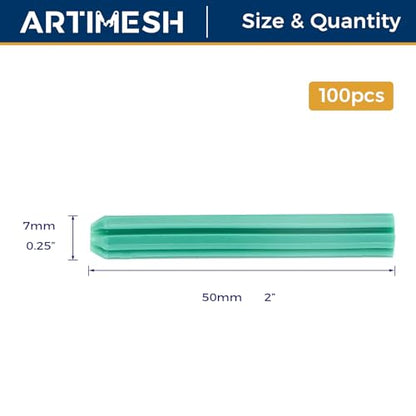 100 Pcs 7mm (1/4") x 50mm Plastic Expansion Anchors, Heavy Duty Green PE Wall Plugs for Concrete, Brick, Drywall & Hollow Walls - size: 7*50