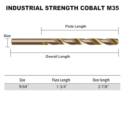 GMTOOLS 9/64 inch Cobalt Drill Bits, M35 HSS, 135 Degree Tip, Jobber Length Twist Drill Bit Set for Hard Metal, Stainless Steel, Cast Iron, Wood and Plastic, with Storage Case, Pack of 13 - style: M35-9/64-13PCS