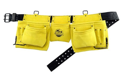 Graintex DS2219 11 Pocket Professional Suede Leather Tool Belt/Tool Bag Yellow Color, 2” Leather/Webbing Belt, 2 Hammer Holders for Construction Tools, Carpenter Tools, Roofing Tools, Drywall Tools - color: Yellow
